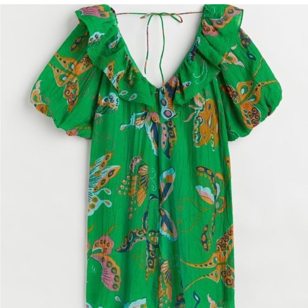 H&M Green Balloon Sleeves Oversized Butterfly Dress size M (could fit L)